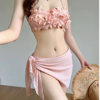【ชุดว่ายน้ำเกาหลี】ชุดบิกินี่สามชิ้นลายดอกไม้ สไตล์แฟชันฝรั่งเศส สำหรับใส่ว่ายน้ำและบนชายหาด