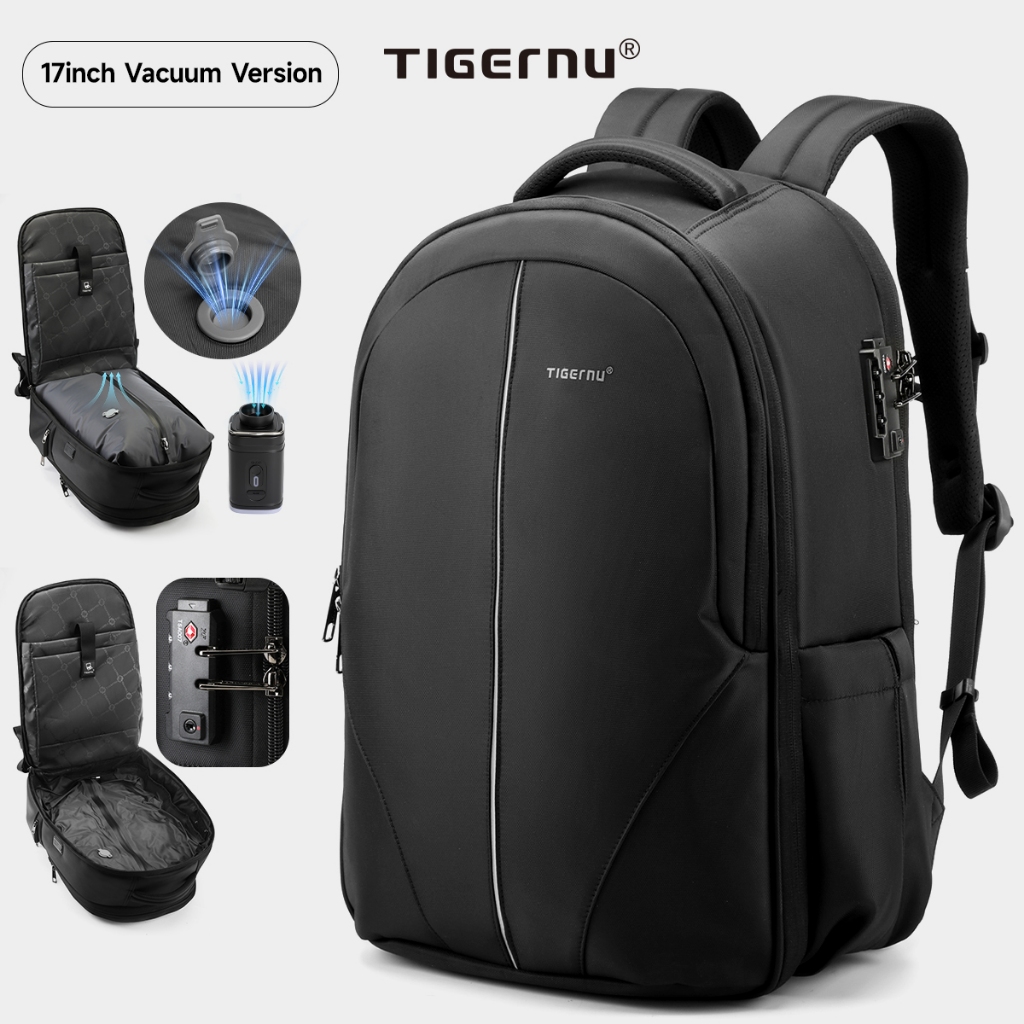 TIGERNU ใหม่Tigernu กระเป๋าเป้สะพายหลังสูญญากาศไนลอนขยายแล็ปท็อปกระเป๋าเป้สะพายหลังกันน้ํามัลติฟังก์ชั่กระเป๋านักเรียนป้องกันการโจรกรรมที่มี TSA ล็อค 15.6-17 นิ้ว 3105-4A