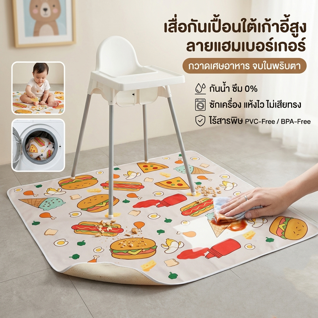 แผ่นรองเก้าอี้รับประทานอาหาร กันน้ํา กันลื่น ใช้ซ้ําได้ 43x43 นิ้ว สําหรับเด็ก เก้าอี้เด็ก ของใช้เด็ก