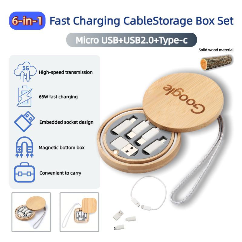 6 in 1 ไม้ไผ่ไม้ 60W Fast สายชาร์จกล่องเก็บชุด Dual-End Type-C มาพร้อมกับขั้วต่อ Micro USB, IOS และ USB2.0 – โปรปัง