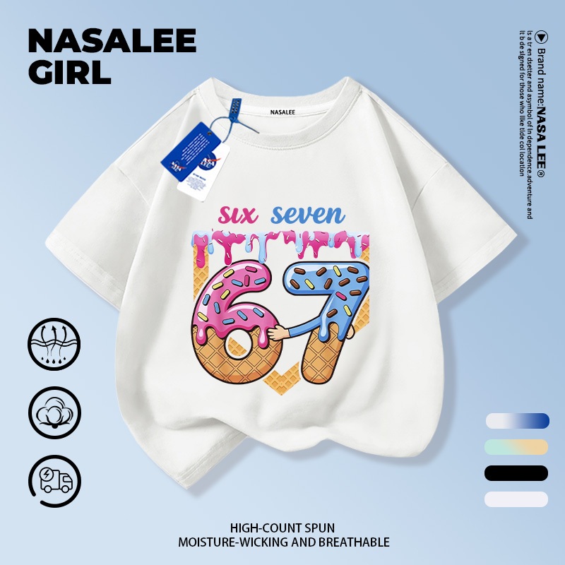 【จัดส่งจากกรุงเทพฯ】 เสื้อยืดผ้าฝ้ายสำหรับเด็ก NASA ลายโดนัท sixseven สำหรับเด็กผู้หญิงอายุ 3-16 ปี ช่วงเปิดเทอม