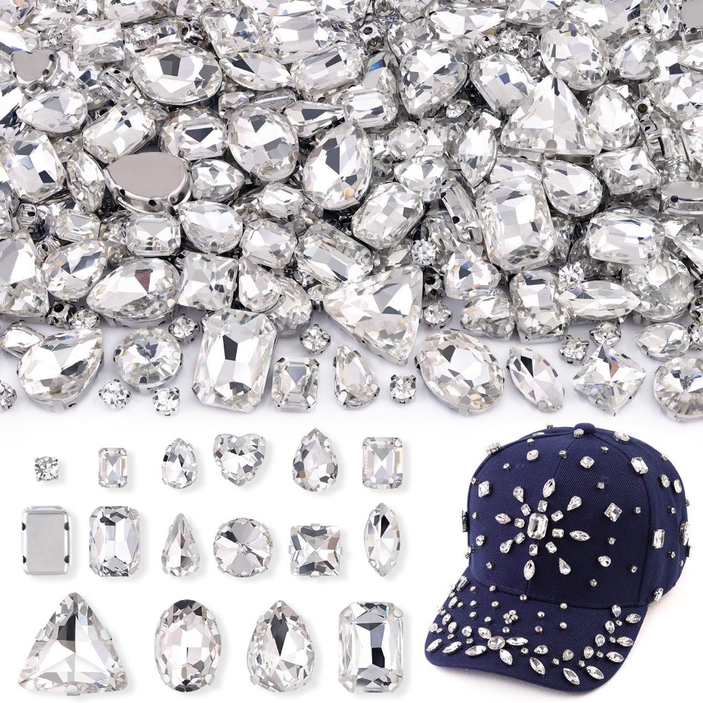 120 PCS สีขาวเย็บบน Rhinestones ผสมรูปร่างแก้ว Claw Flatback ฐานโลหะอัญมณี DIY Craft เสื้อผ้ารองเท้ากระเป๋าเย็บอุปกรณ์เสริม