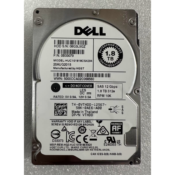 สําหรับ Dell 0VTHDD 1.8T 10K SAS 12G 2.5 นิ้ว VTHDD ฮาร์ดไดรฟ์