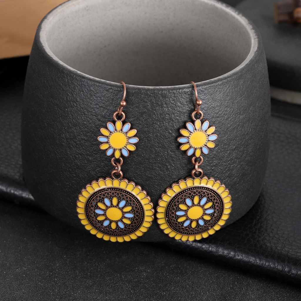 แฟชั่น Boho ดอกไม้สีเหลือง Dangle ต่างหูผู้หญิง Vintage เคลือบโลหะรอบต่างหูสาวงานแต่งงานเครื่องประดับ