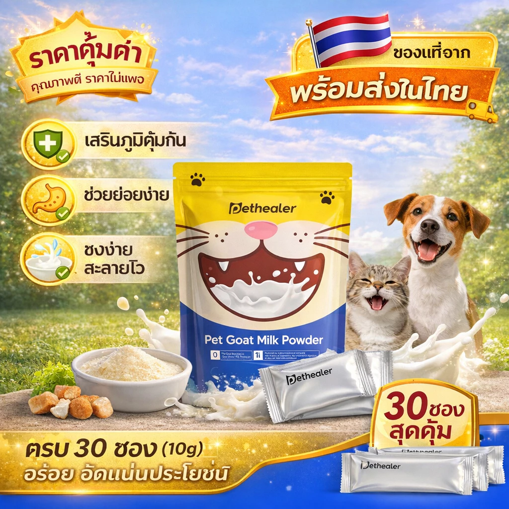 Pethealer นมแพะสัตว์เลี้ยง สำหรับแมวและสุนัข ย่อยง่าย ชงง่าย เสริมภูมิคุ้มกัน 30 ซอง 10g พร้อมส่งในไทย