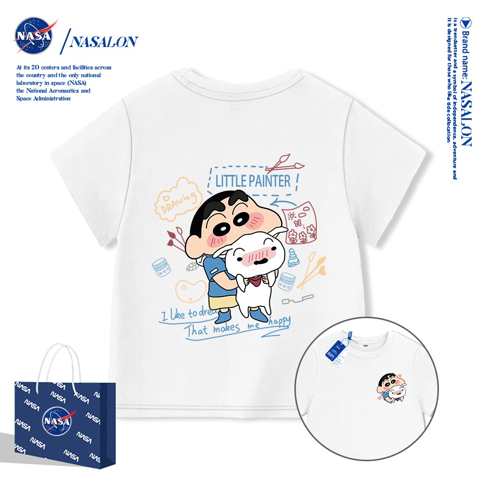 NASA เสื้อยืดเด็ก สีขาว เสื้อยืดแขนสั้นเด็ก ลายการ์ตูนเครยอนชินจัง ผ้าฝ้าย 100% ระบายอากาศดี คุณภาพดี