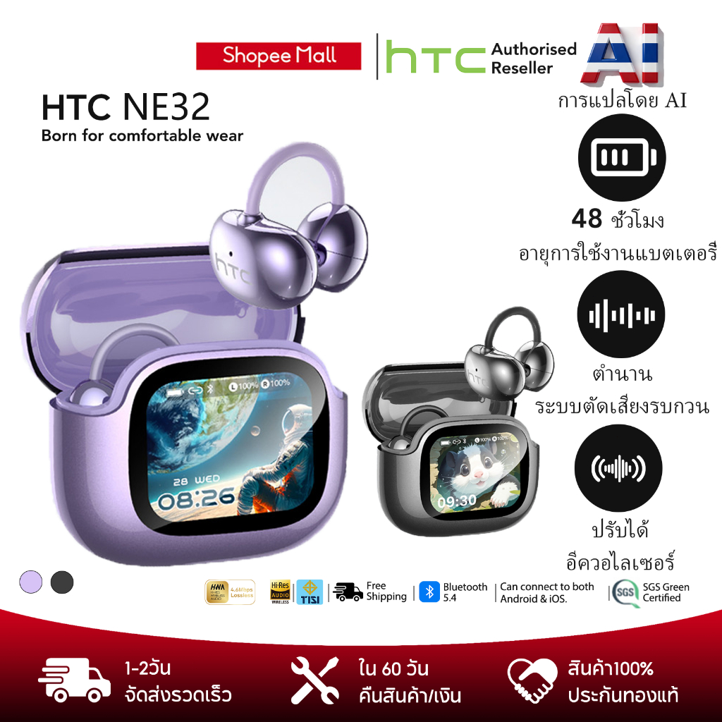 HTC NE32 หูฟังคลิปออนบลูทูธ 6.0 แบบเปิดหู AI แปลเรียลไทม์ หน้าจอสัมผัส LED กันน้ำ Dolby Audio พร้อมไ