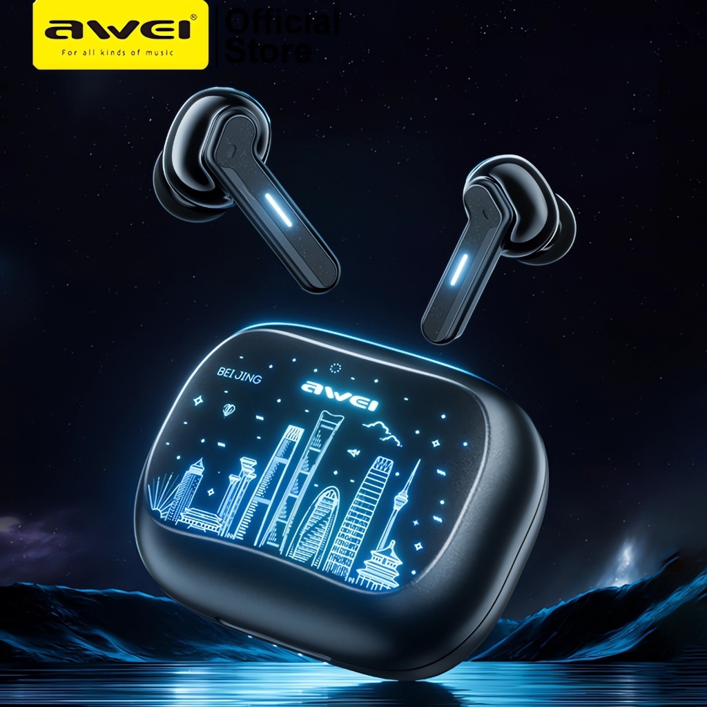 AWEI T53 TWS หูฟังบลูทูธสําหรับเล่นเกมหู LED แสงหายใจรูปแบบที่ระลึกหูฟัง Android