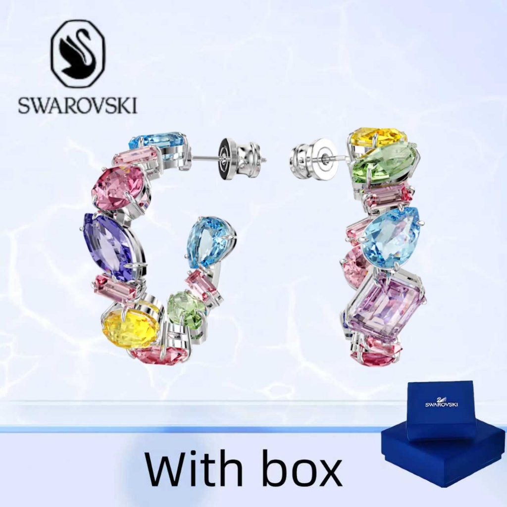 Swarovski (พร้อมกล่อง) ซื้อต่างหูเครื่องประดับเงินแท้ Gema Sparklingไม่สมมาตร Design ต่างหูแบบห่วงใหญ่