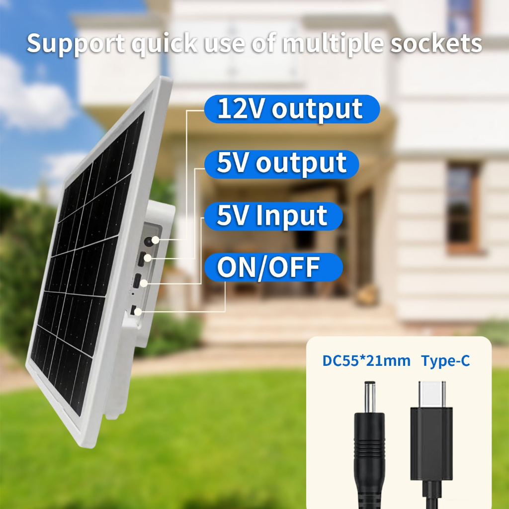แผงโซลาร์เซลล์ 8W 12000mAh แบตเตอรี่ในตัว 5V &12V Dual Output – แท่นชาร์จกล้องวงจรปิด, ชาร์จโทรศัพท์มือถือพลังงานแสงอาทิตย์, power bank,usb-c & micro-usb & light port สําหรับชาร์จโทรศัพท์ส่วนใหญ่