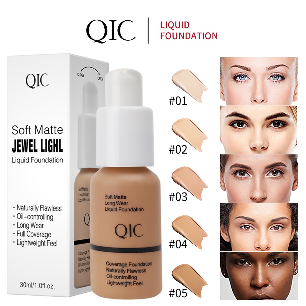 QIC Foundation กันน้ํา Long-lasting Liquid Foundation คอนซีลเลอร์ Brighten Moisturizer Natural Face 