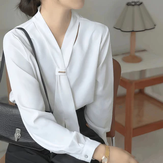 เสื้อเชิ้ตแขนยาวคอวี ขนาดพลัส ผู้หญิง ท็อปส์ซูแฟชั่นสีทึบ