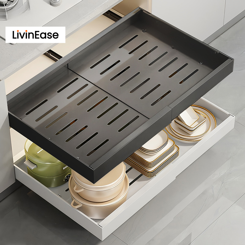 LivinEase ชั้นวางของแบบดึงออกปรับระดับได้ พร้อมชั้นวางจานแบบเลื่อนได้ ตะกร้าโลหะ ลิ้นชักเก็บของใต้ซิงค์