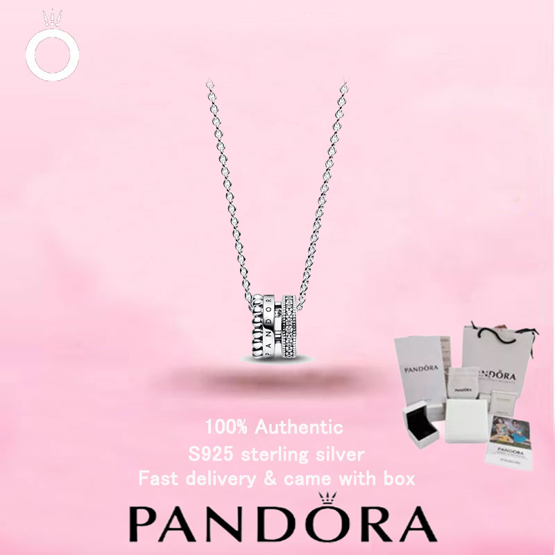 สร้อยคอมุกและปักคริสตัล PANDORA ดีไซน์โลโก้ สแตนเลสSterling Silver สำหรับของขวัญวันวาเลนไทน์