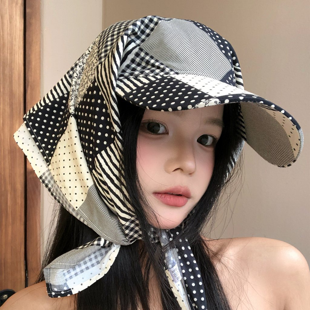 สไตล์เกาหลีลายสก๊อต Polka Dot Headscarf หมวกหญิงฤดูใบไม้ผลิฤดูร้อน Sunshade ครีมกันแดดหมวก All-Match สไตล์วันหยุดแสดงใบหน้าขนาดเล็ก Peaked หมวก
