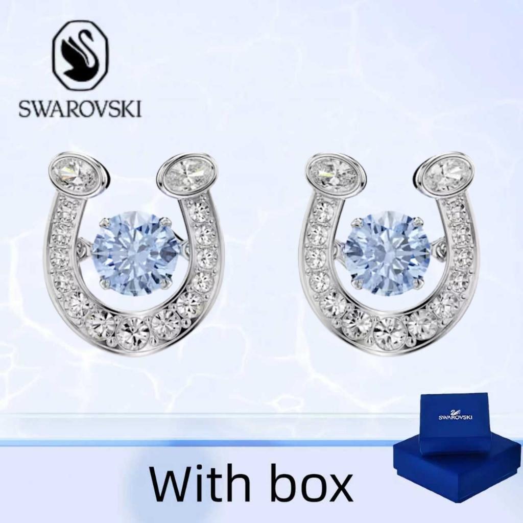 ต่างหู Swarovski Symboica แบบครึ่งวงเดือนสีฟ้า เพศหญิง ทำจากเงินแท้ มาพร้อมกล่อง