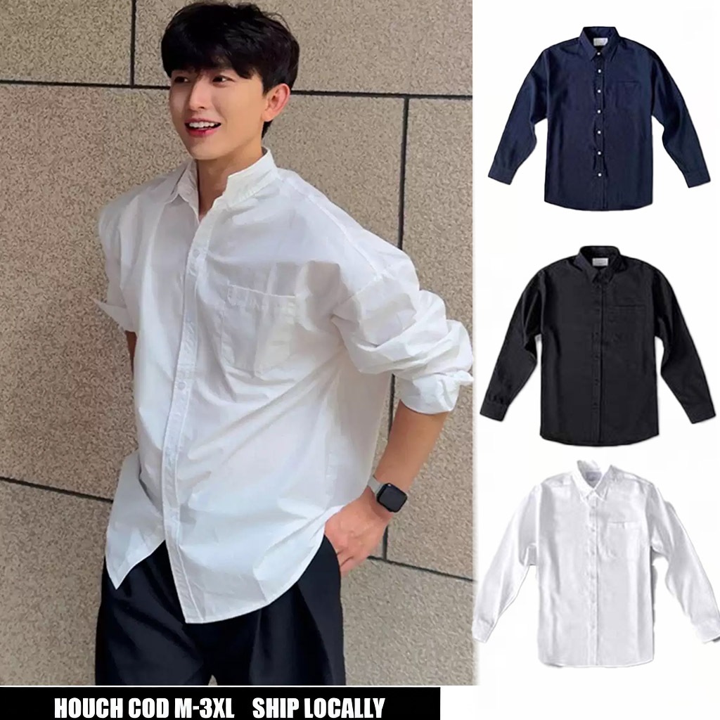 Houch พร้อมส่ง COD เสื้อเชิ้ตแขนยาวผู้ชาย เสื้อเชิ้ตแขนยาวธรรมดาเกาหลี เสื้อเชิ้ตกระดุม สบาย ไม่ยับง่าย
