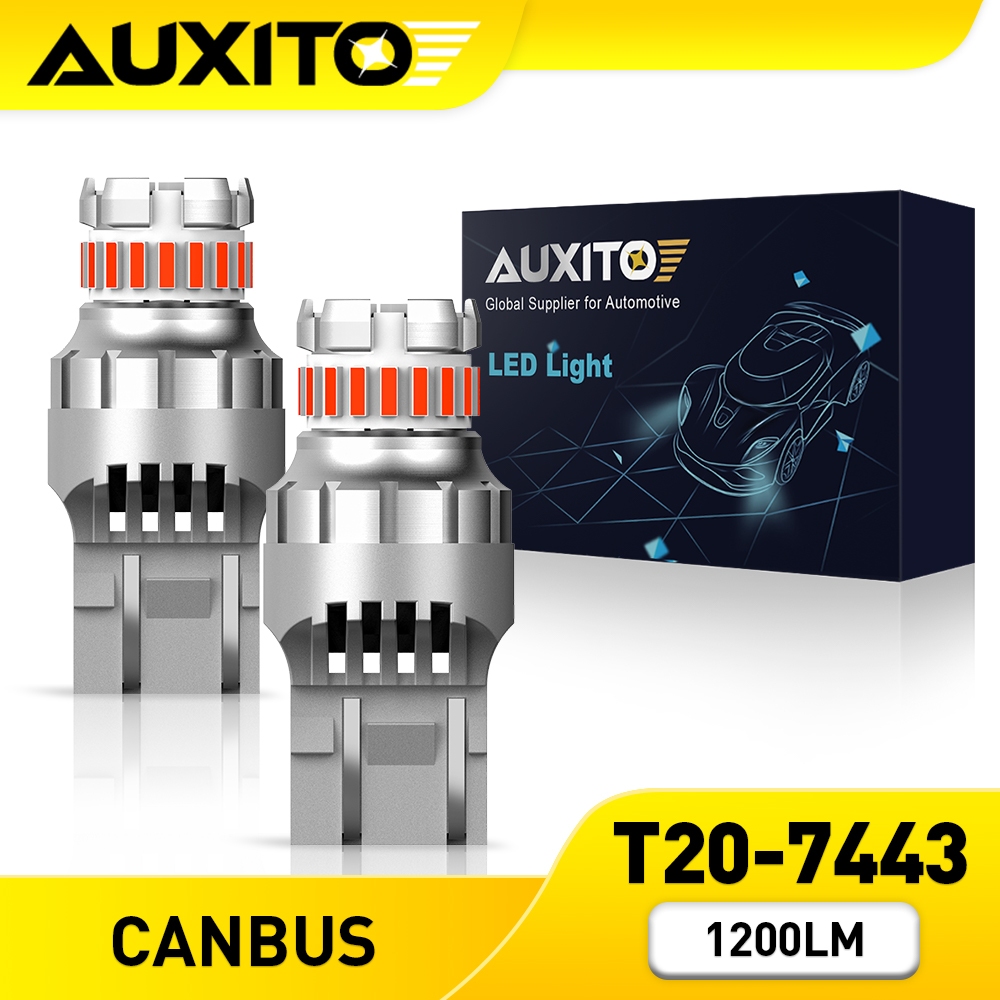 AUXITO 2PC หลอดไฟเบรกท้ายรถยนต์ LED T20 7443 W21 5W WY21W 4 ครั้ง สีแดง