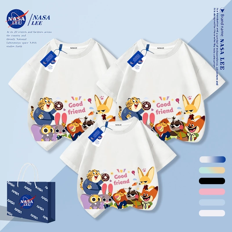 [จัดส่งในวันเดียวกัน] นาซ่า หลวมผ้าฝ้ายเสื้อยืดชายหญิงเสื้อผ้าสัตว์ปาร์ตี้เด็ก 4-16 ปีรอบคอแขนสั้น