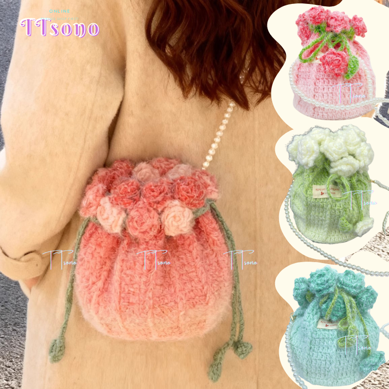 🔥Finished🔥Gradient Rose bouquet bucket bag Hand-made Yarn diy Material Bag Bucket Messenger Bag for 