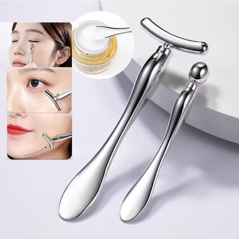 2PCS Multifunctional T-shaped Facial Massager V-Face เครื่องมือ Eye Cream นวด Stick Face ครีมช้อน Gua Sha board