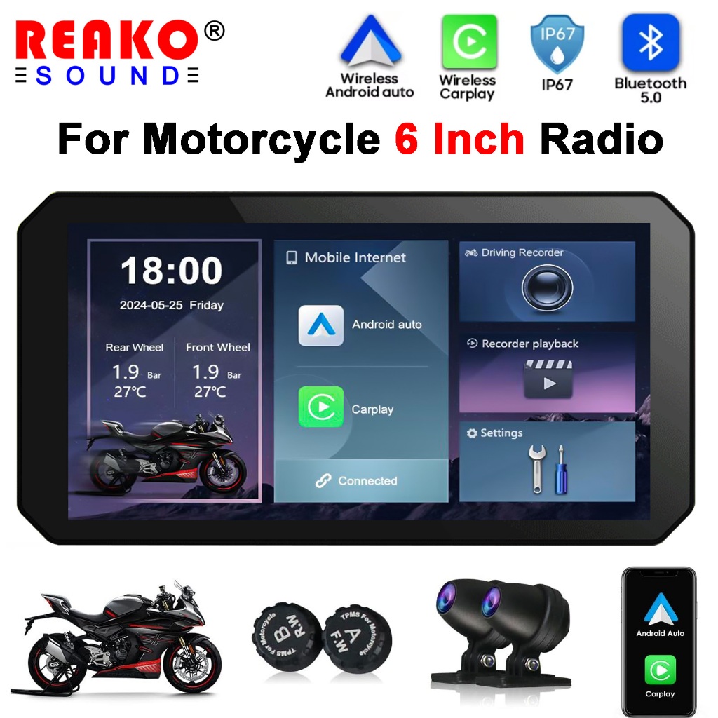✨2026✨6 "นําทางรถจักรยานยนต์กล้องคู่ 64GB CarPlay Android Auto TPMS IPX8 กันน้ําแม่เหล็ก Mount