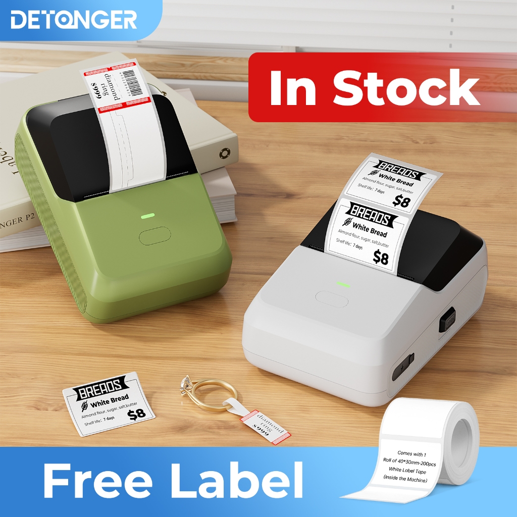 DETONGER P2 เครื่องพิมพ์ฉลากบลูทูธสติกเกอร์ Maker เครื่องพิมพ์ไร้หมึกความร้อนสําหรับราคาเครื่องประดับ Barcode