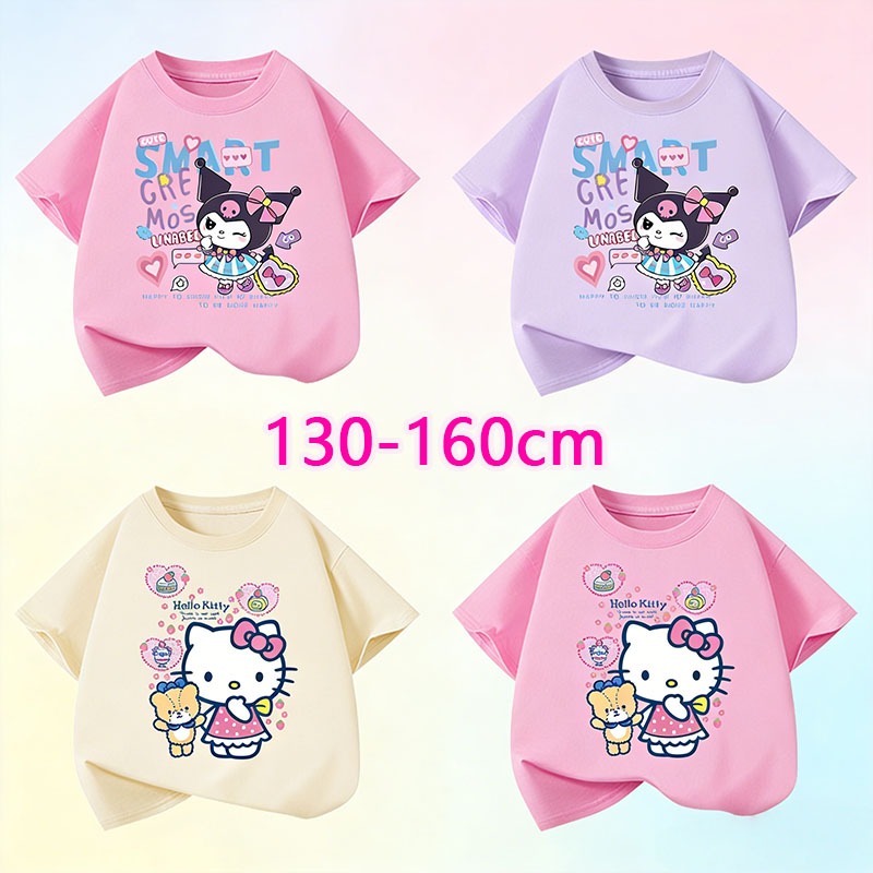 เสื้อยืดเด็กผู้หญิง เสื้อเด็ก รูปแบบการ์ตูนน่ารัก ผ้าฝ้ายแท้ คอกลม 130-160cm [จัดส่งในประเทศไทย] สบาย ระบายอากาศ แอปริคอท / ชมพู / ม่วง ราคา ถูกที่สุด ดีลบีเคเค