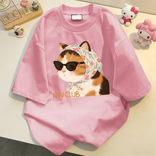 NFV ใหม่ล่าสุด✨ลวดลายลูกแมว เสื้อยืดคอกลมแขนสั้น ทรงหลวม cotton 100% ระบายอากาศได้ดีใส่สบาย YG4088