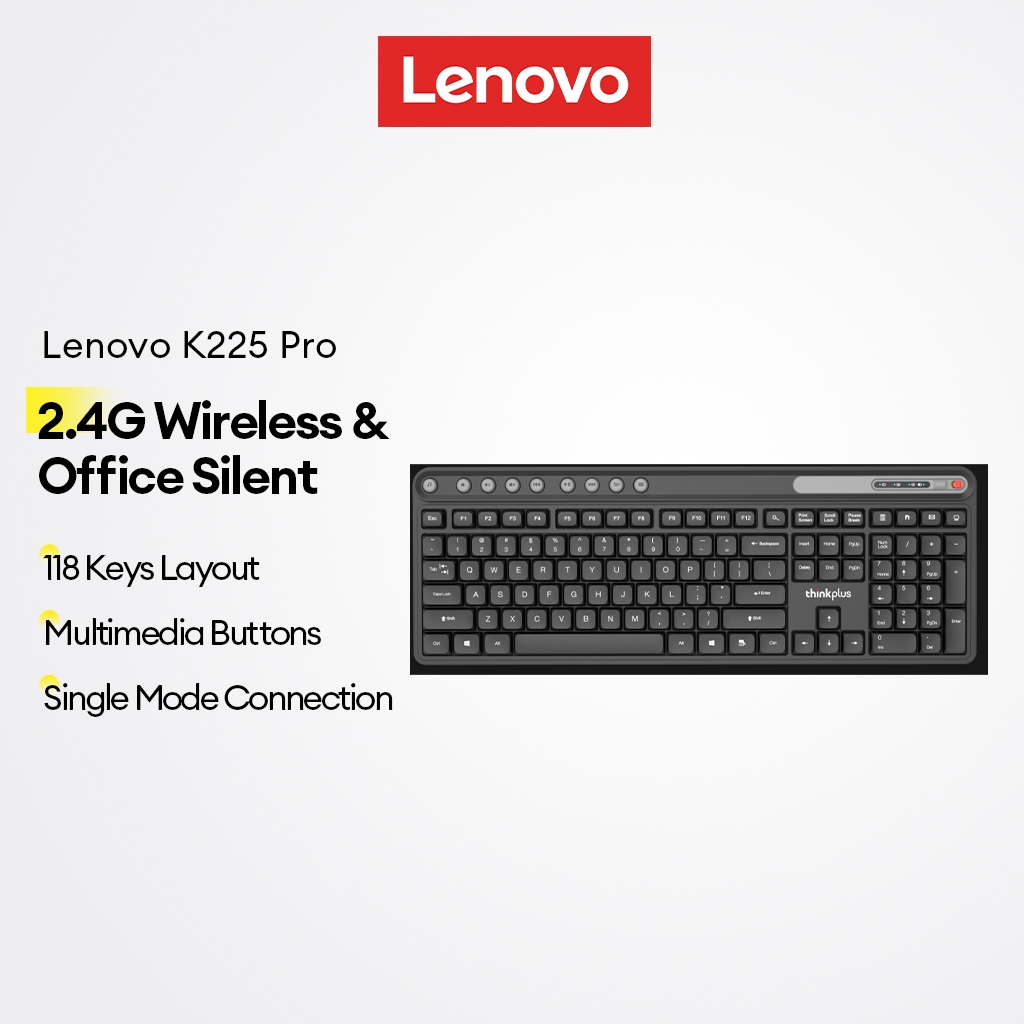 Lenovo K225 Pro คีย์บอร์ดไร้สายสํานักงานเงียบพร้อม 118 คีย์และปุ่มมัลติมีเดียพร้อมโหมดเดี่ยว 2.4G