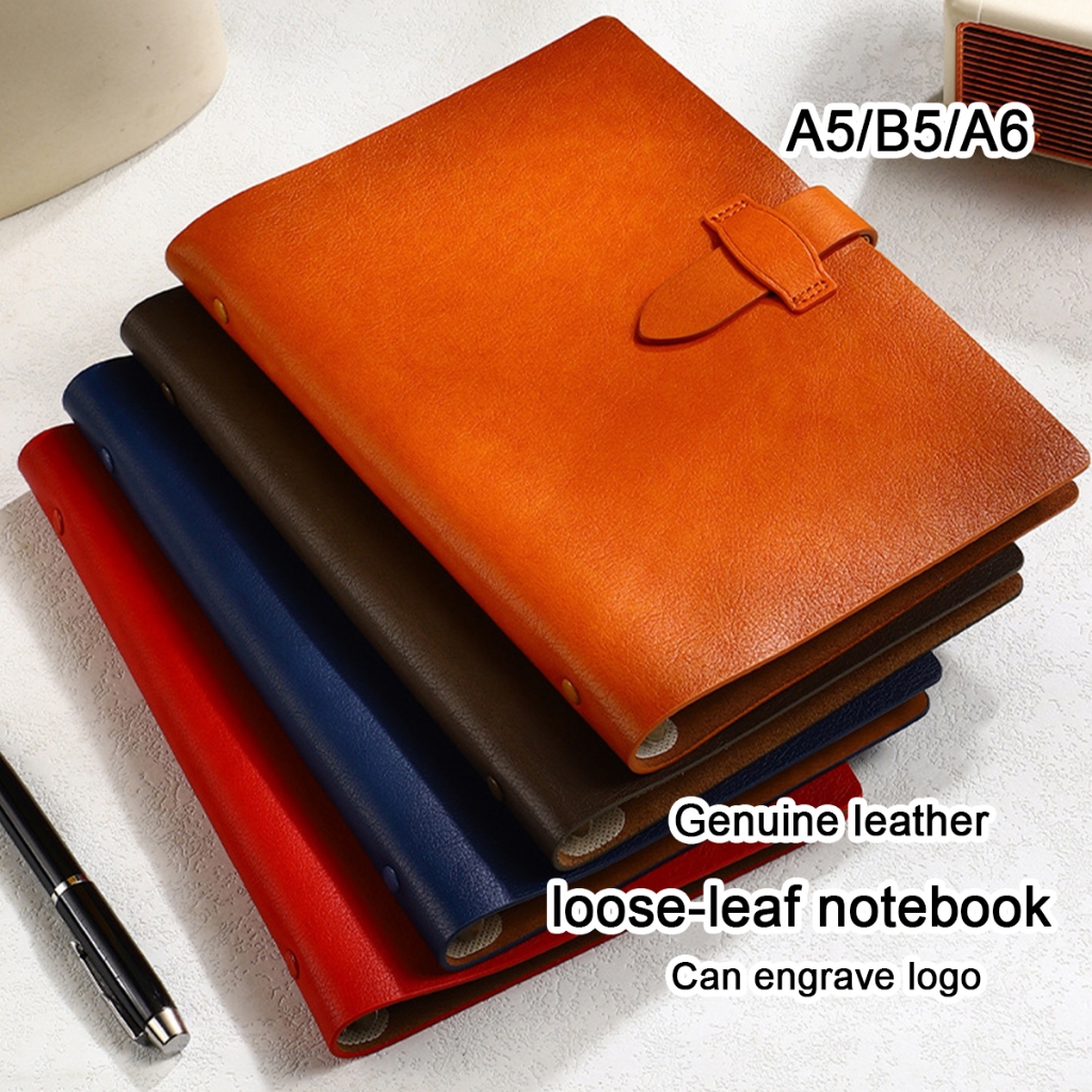 (รับสลักโลโก้) สมุดโน้ตหนังแท้แบบแผ่นแยก ขนาด A5/B5/A6 สมุดจดบันทึก สมุดจดบันทึกการประชุมทางธุรกิจ ส