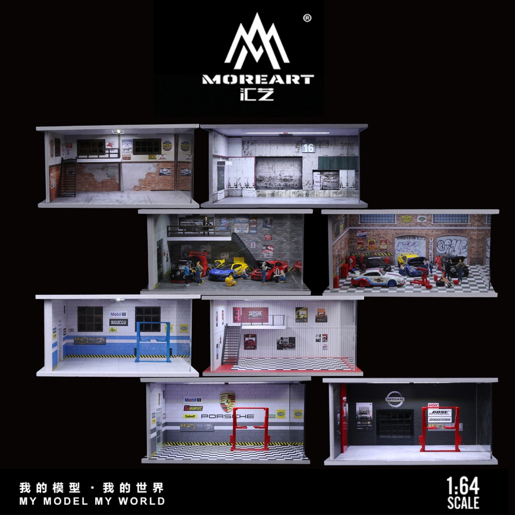 1/64 Diorama รถซ่อม Shop รุ่น LED Lighting City คลังสินค้าโรงรถรุ่นสําหรับ 1/64 Hot Wheels Diecast รุ่นรถแสดงกรณี