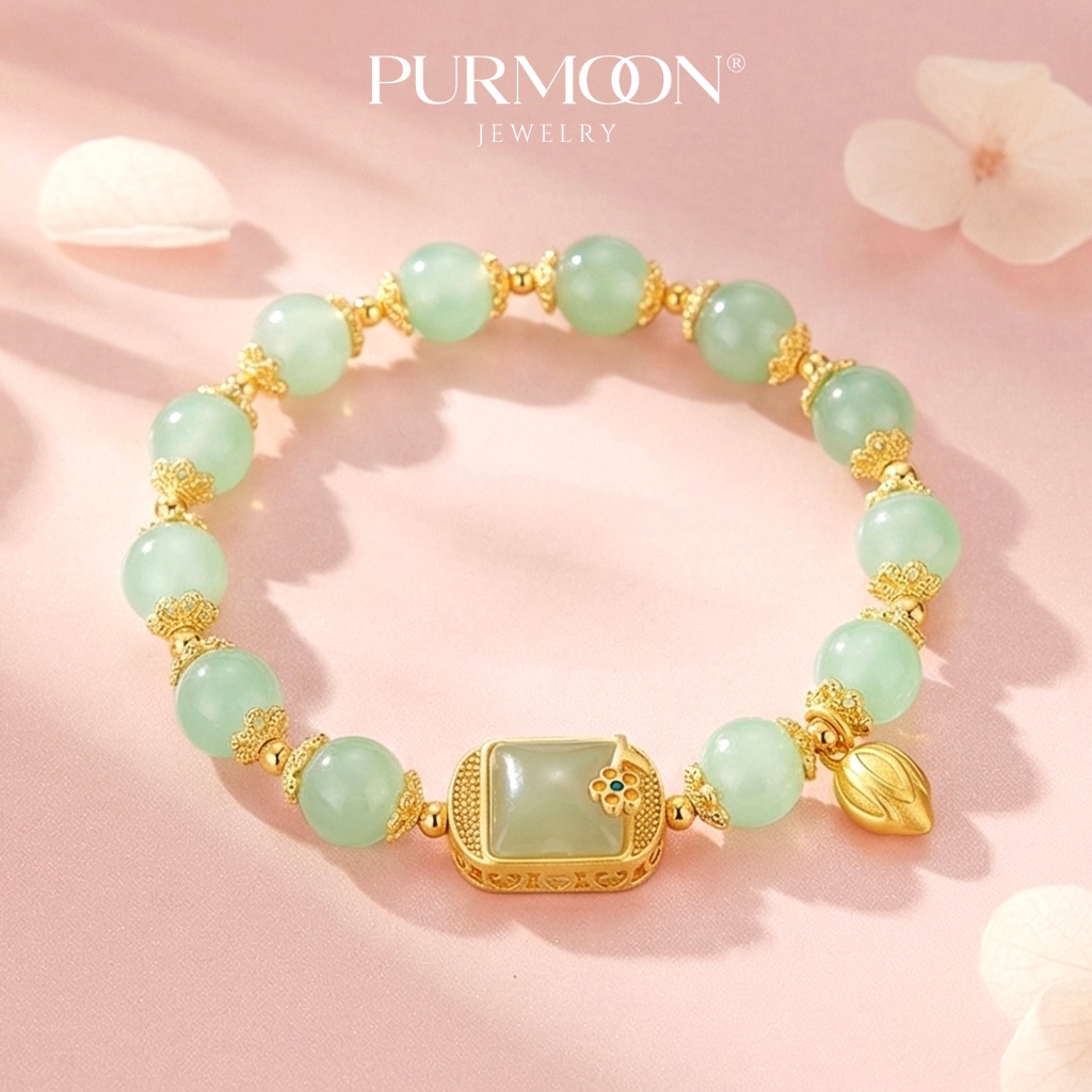Purmoon สร้อยข้อมือลูกปัดสไตล์จีน Lotus ดีไซน์เรียบหรู พร้อมบทพุทธภาวนาสั้นๆ เป็นมงคล เครื่องประดับสำหรับผู้หญิง C781