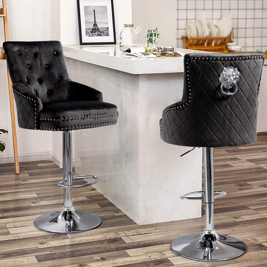 แบบมีที่วางแข เก้าอี้บาร์ พร้อมฐานโครเมี่ยม กำมะหยี่คุณภาพสูง Bar Stool Chair ปรับขึ้นลงได้