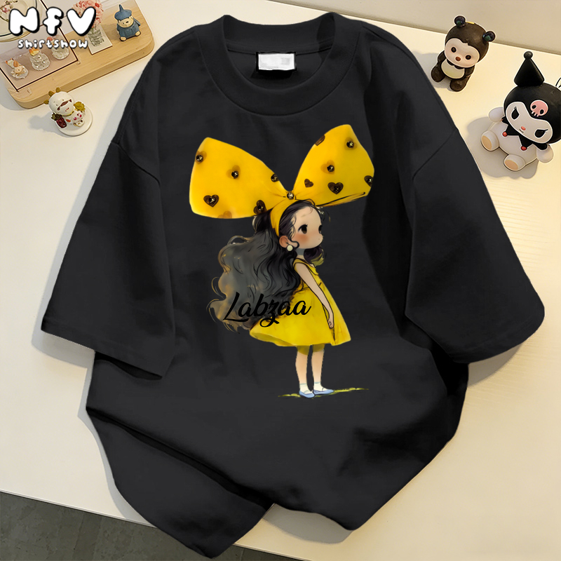 NFV เสื้อยืดคอกลมแขนสั้น cotton 100% เสื้อ oversize สีทึบ ใส่สบาย ระบายอากาศ โบว์สาวน้อย ลายสกรีน YG345