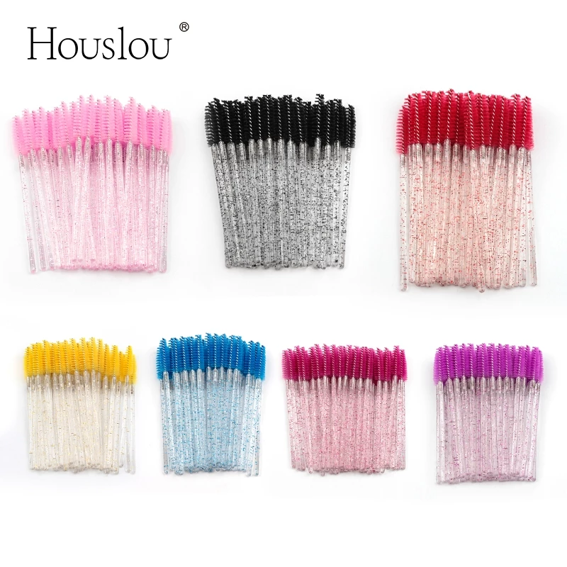 Houslou แปรงขนตาแท่งคริสตัล 50 ชิ้น | แปรงแต่งหน้าขนตาต่อขนตาแบบใช้แล้วทิ้งแบบพกพา