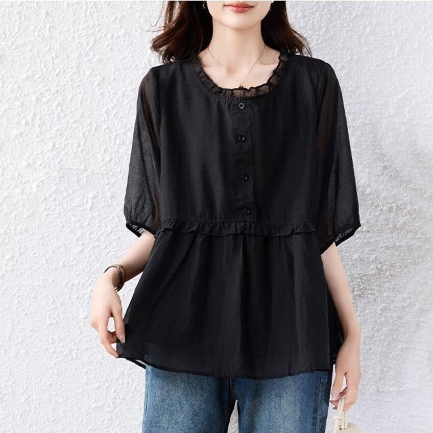 Keey เสื้อเชิ้ตแขนสั้นทรงหลวมสีดําผู้หญิง S52
