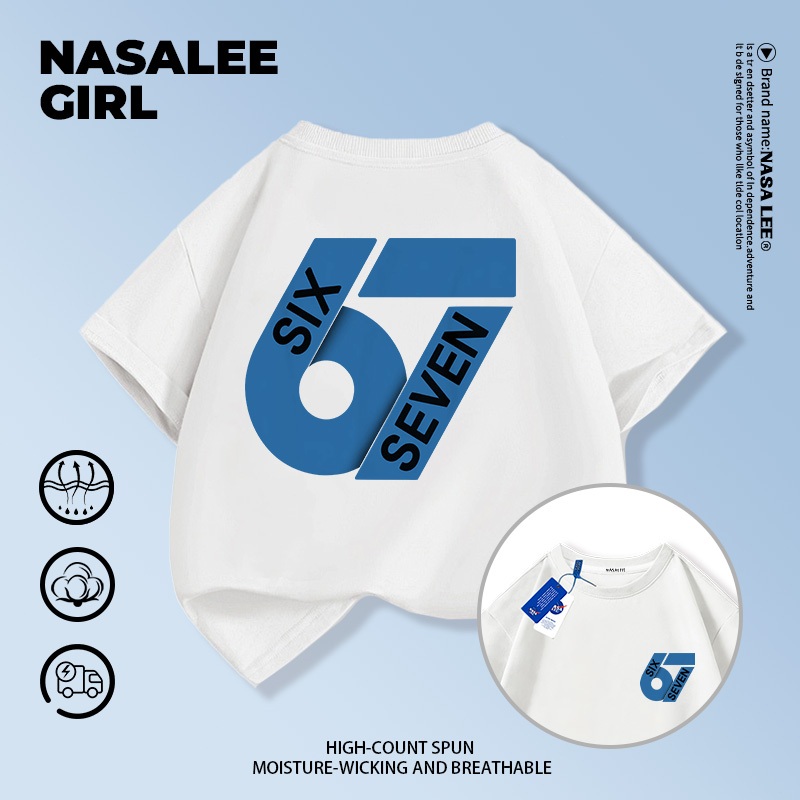 【จัดส่งจากกรุงเทพฯ】 เสื้อยืดผ้าฝ้ายสำหรับเด็ก NASA สีขาว ลายพิมพ์ sixseven สำหรับเด็กอายุ 3-16 ปี ทั้งเด็กผู้ชายและเด็กผู้หญิง ทรงเรียบหรูทันสมัย