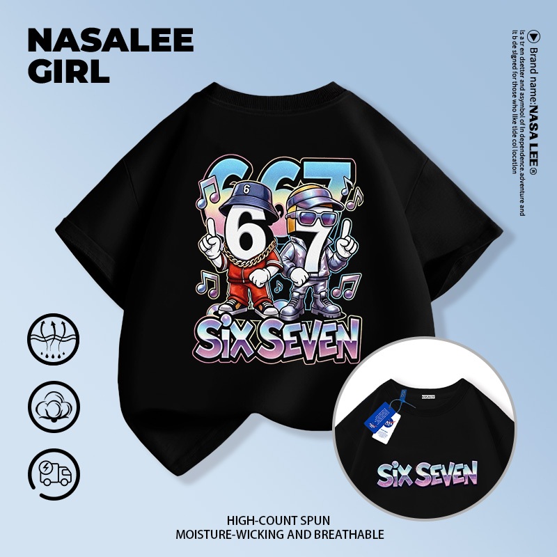 【จัดส่งจากกรุงเทพฯ】 เสื้อยืดผ้าฝ้ายสำหรับเด็ก NASA สีดำ ช่วงเปิดเทอม ลายพิมพ์ sixseven สุดชิค สำหรับเด็กอายุ 3-16 ปี ทั้งเด็กผู้ชายและเด็กผู้หญิง ทรงหลวม