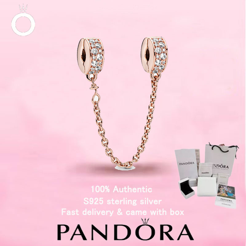 (212)New PANDORA Rose Gold Jewelry ของขวัญวันวาเลนไทน์ Top Choice Clear Pavé Safety Chain Clip Charm
