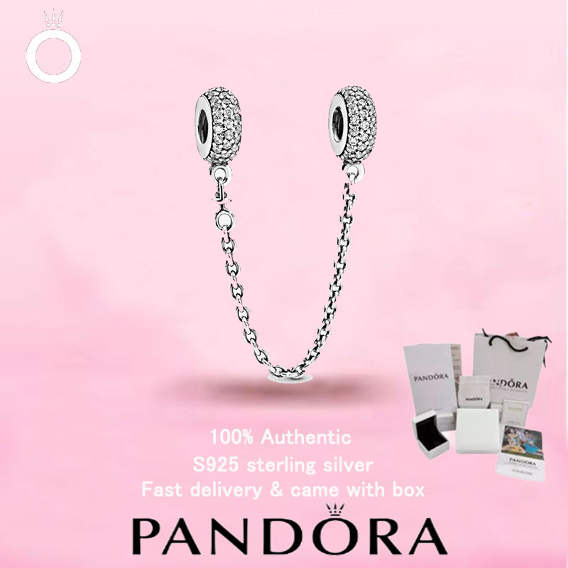 (214)New PANDORA S925 เครื่องประดับเงินสเตอร์ลิงของขวัญวันวาเลนไทน์ Top Choice Sparkling Pavé Safety Chain Charm