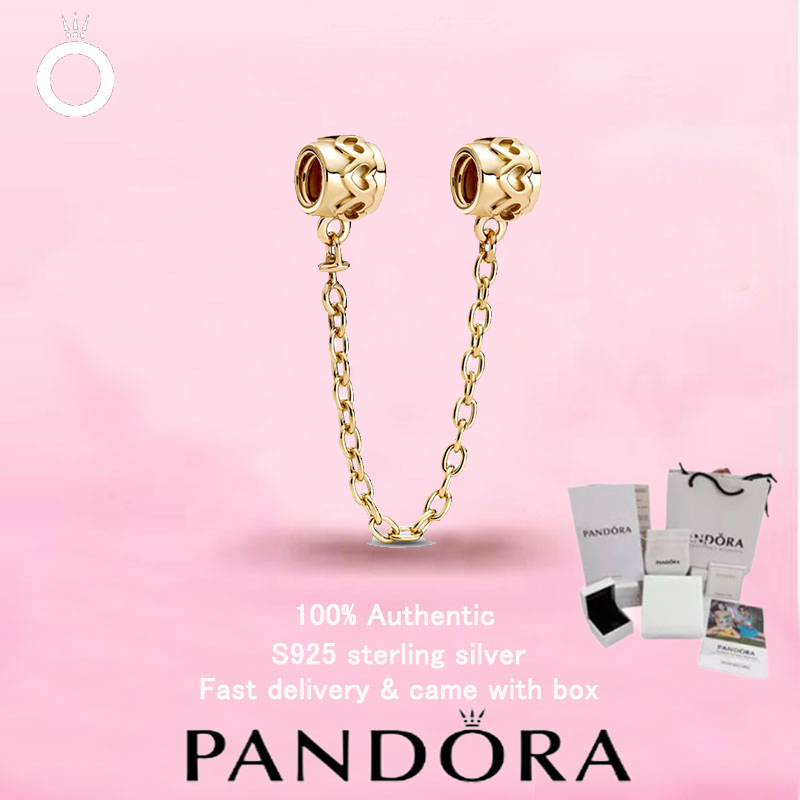 (216)เครื่องประดับชุบทอง PANDORA ใหม่ ของขวัญวันวาเลนไทน์ Top Choice Hearts Safety Chain Charm