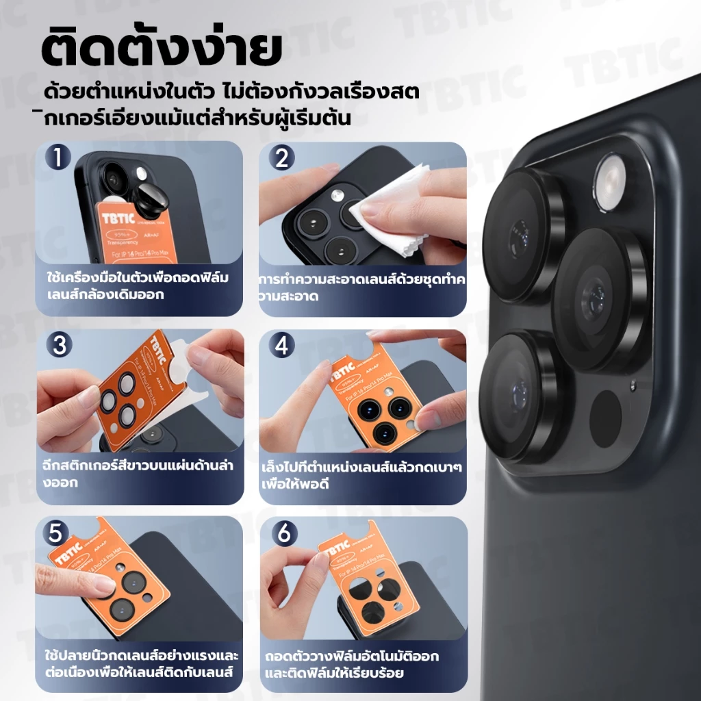 TBTIC กระจกกันกระแทกเลนส์กล้องหลัง For iPhone 17/16/15/14/13/12/11 Pro Max/Plus/Mini ครอบคลุมเลนส์เต็มแผ่น 10H ติดง่าย thumbnail 10