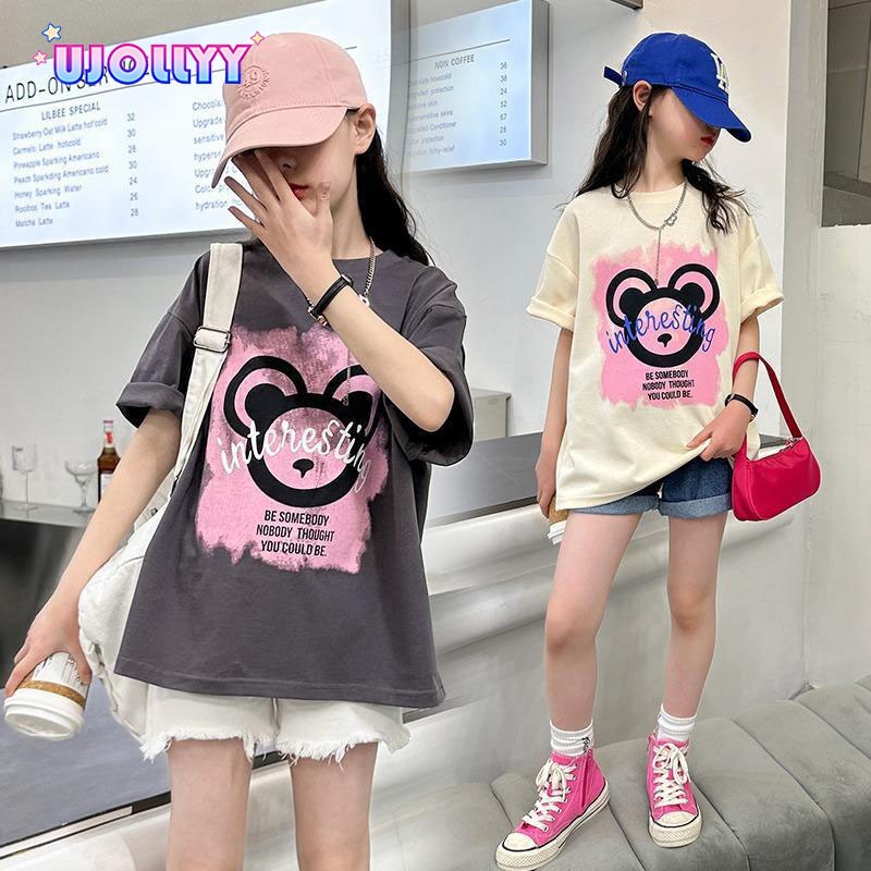 UJOLLYY เสื้อยืดเด็กผู้หญิง เสื้อเด็ก รูปแบบการ์ตูนน่ารัก พิมพ์หมีน้อย ฝ้าย คอกลม เสื้อแขนสั้น แฟชั่น เทรนด์ เวอร์ชันเกาหลี สีเทา / แอปริคอท 130-160cm