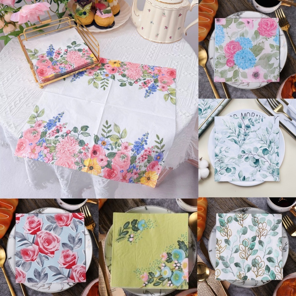 【26 แบบ】กระดาษเช็ดปาก พิมพ์ลายดอกไม้ สีฟ้า สําหรับตกแต่งงานปาร์ตี้ 20 แผ่น ต่อแพ็ค