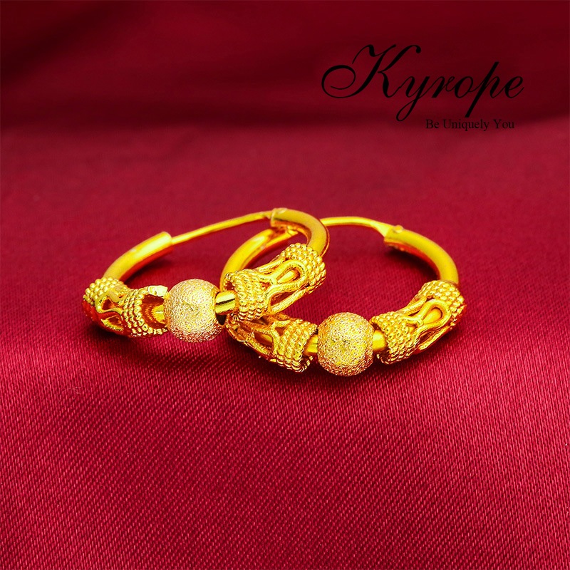 ต่างหูKyrope ลูกปัดนำโชคสีทองทราย 24K เครื่องประดับสำหรับผู้หญิง คงทนไม่ซีดจาง