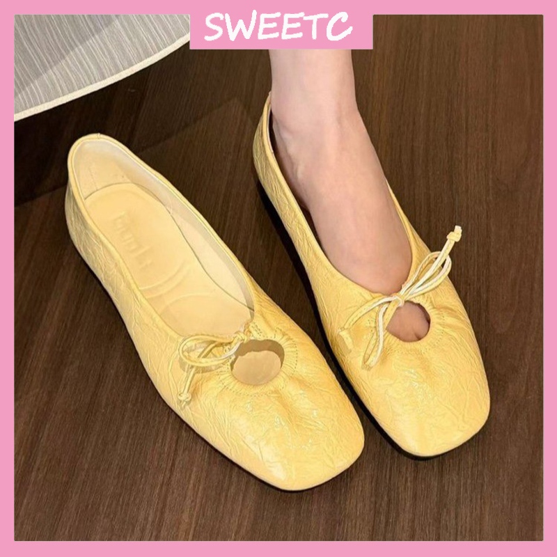 รองเท้าบัลเล่ต์สำหรับผู้หญิงดีไซน์หวานซันท์ หน้าตัดเหลี่ยมพร้อมโบว์โปร่ง