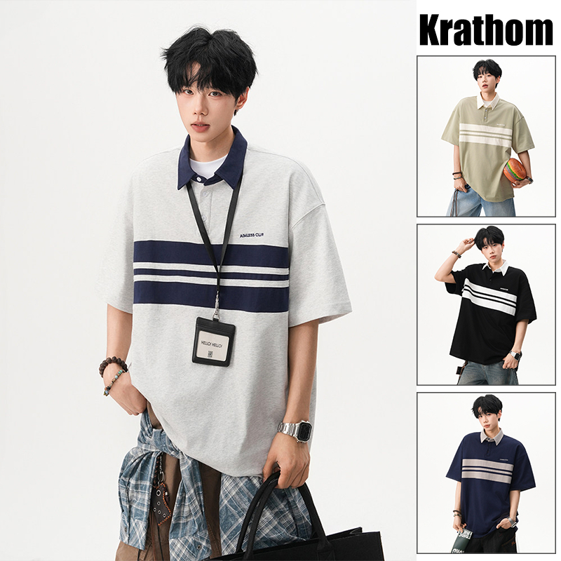 เสื้อโปโลลายทางบล็อกสีสไตล์อเมริกันลําลองหลวมอินเทรนด์อเนกประสงค์เสื้อคู่ที่จําเป็น
