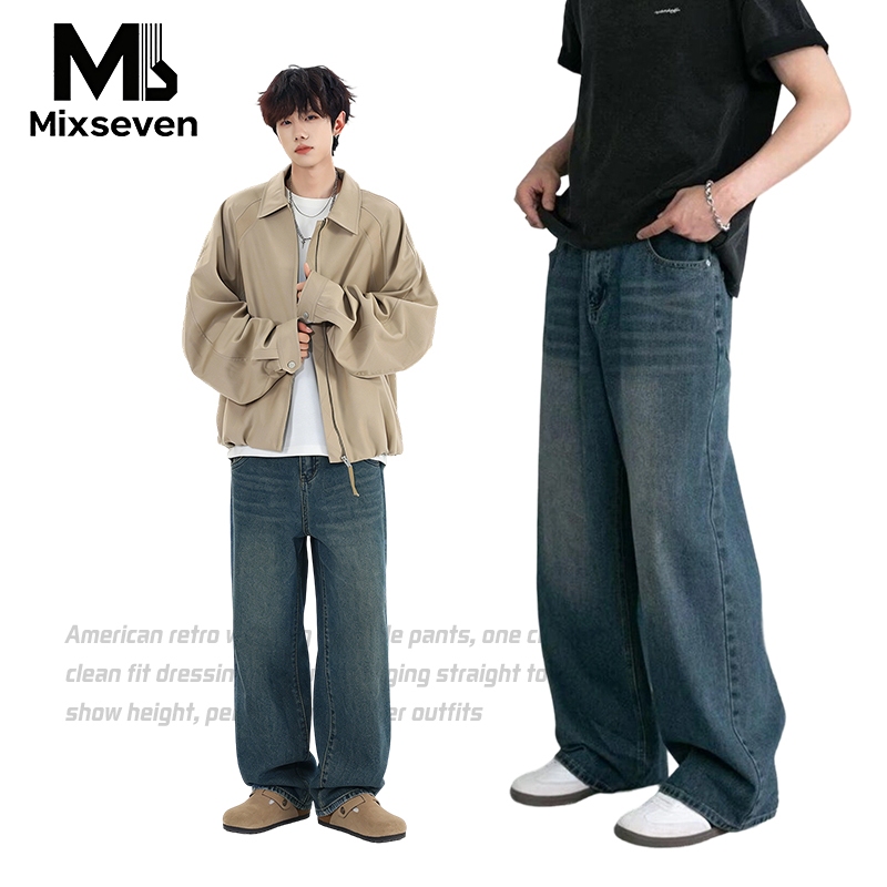 MIXSEVEN-กางเกงยีนส์ผู้ชาย ทรงตรงอเนกประสงค์สไตล์อเมริกันย้อนยุค baggy jeans
