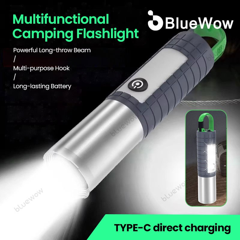 BlueWow ไฟฉายตั้งแคมป์มัลติฟังก์ชั่นแบบชาร์จไฟได้ Super Bright พร้อมตะขอไฟฉาย LED กลางแจ้ง